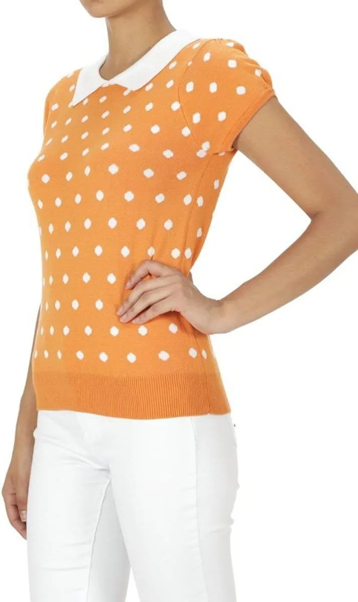 YEMAK Women's Knit Sweater Top – Short Sleeve Polka Dot Contrast Collar Puff Shoulder Classic Casual Knitted Pullover