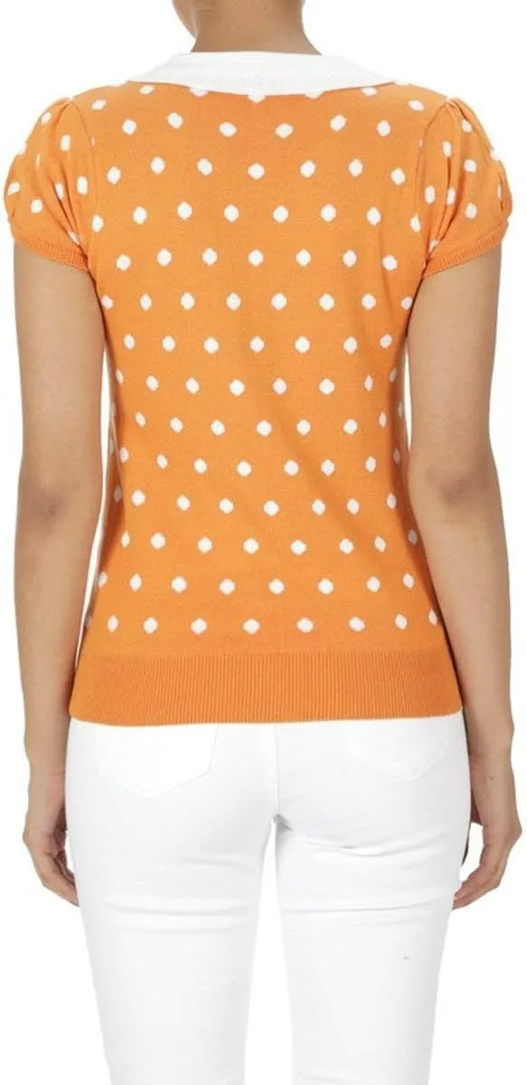 YEMAK Women's Knit Sweater Top – Short Sleeve Polka Dot Contrast Collar Puff Shoulder Classic Casual Knitted Pullover