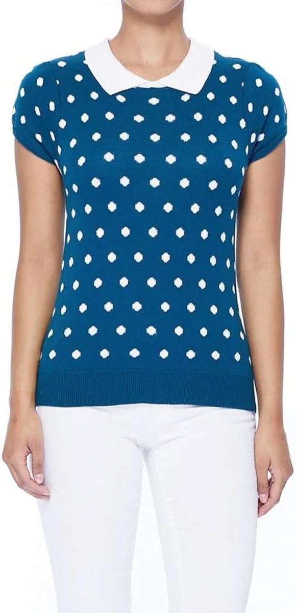 YEMAK Women's Knit Sweater Top – Short Sleeve Polka Dot Contrast Collar Puff Shoulder Classic Casual Knitted Pullover