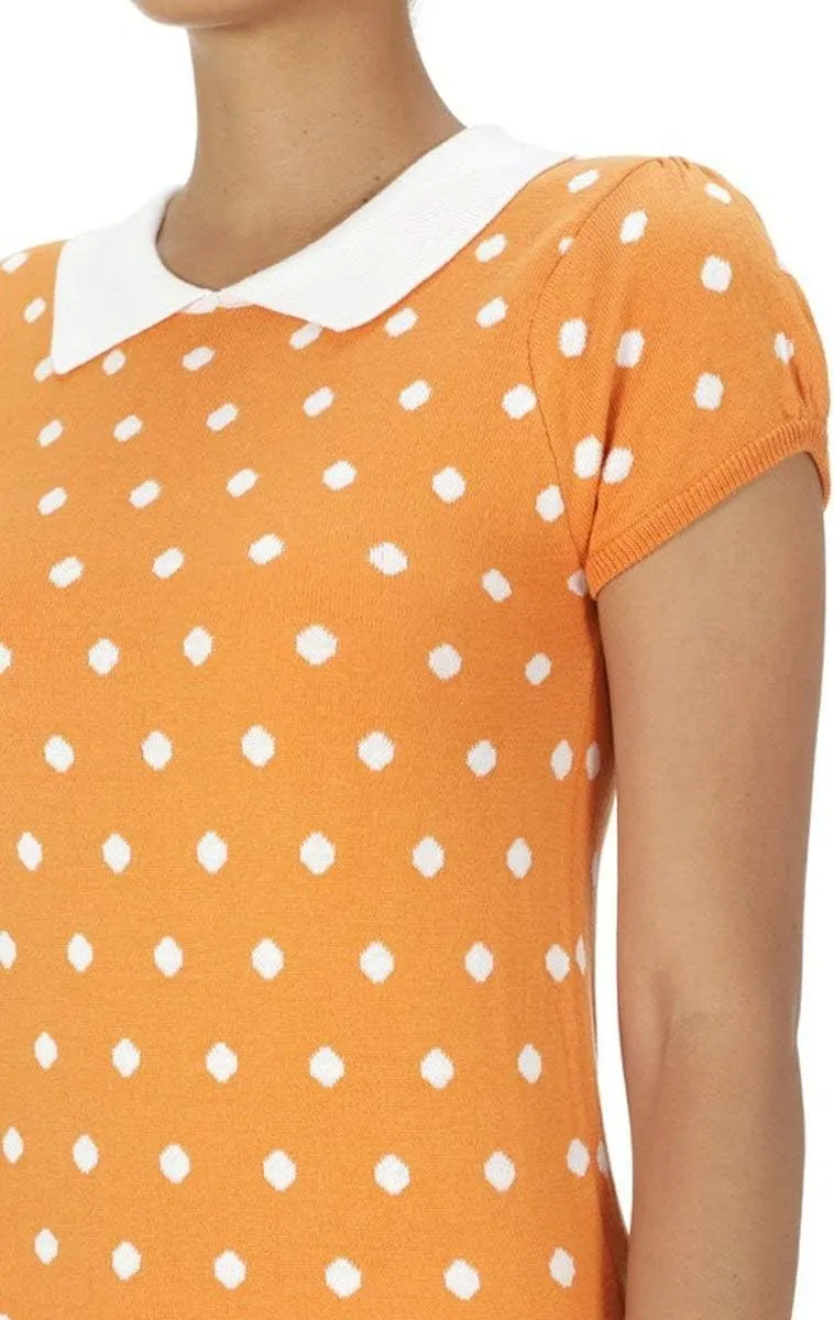 YEMAK Women's Knit Sweater Top – Short Sleeve Polka Dot Contrast Collar Puff Shoulder Classic Casual Knitted Pullover